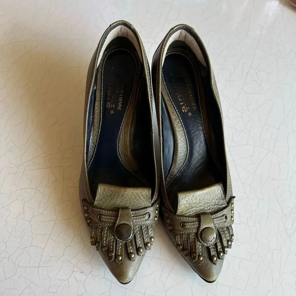 Kalliste made in Italy olive green pumps distinctive metallic leather finish, p